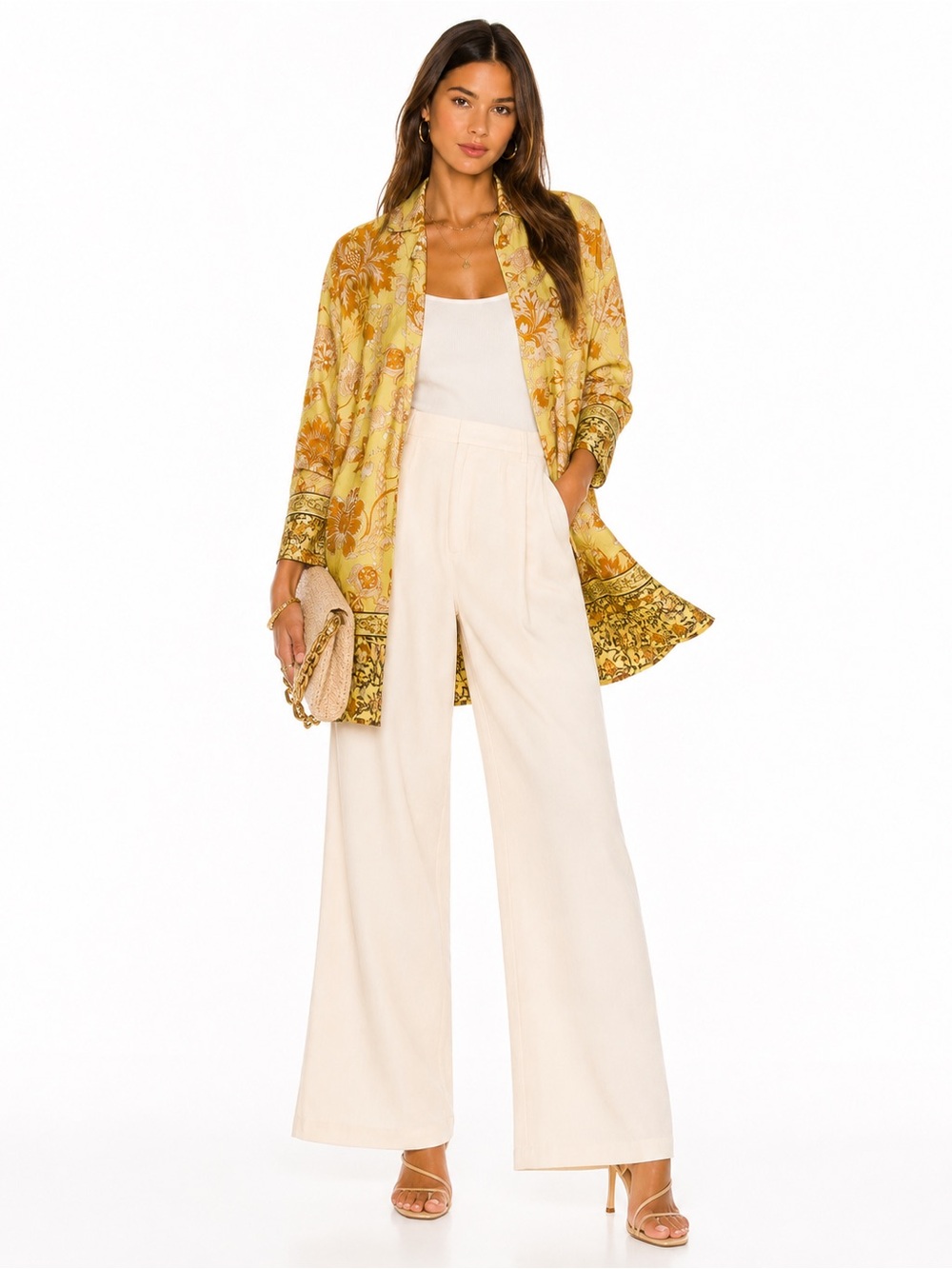 H&M Yellow Floral Print Longline Blouse Top Satin jacket